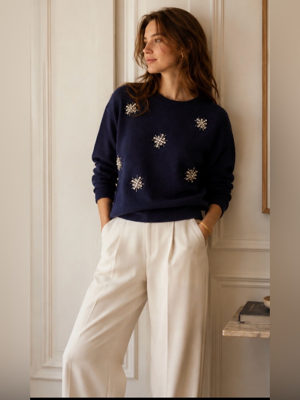 Vintage Navy Rhinestone Embellished Crewneck Sweater -Small